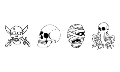 skull, pirate logo, mummy head, and kraken set isolated on white background. outlined cartoon drawing of creepy, gothic, death icon for tattoo, poster, halloween theme, etc.