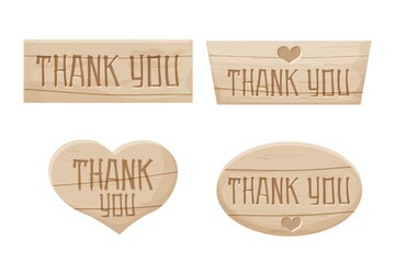 Set wood textured planks with text Thank You isolated on white background. Small business promotion, grateful for order. Banner, stump for customer. Vintage, rural decoration.