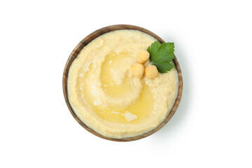 Bowl of fresh hummus isolated on white background