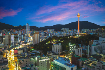 night view of busan with busan tower in south korea - obrazy, fototapety, plakaty