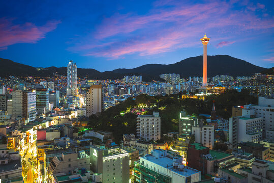 night view of busan with busan tower in south korea