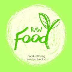 Vector lettering for vegan food icon. Handwritten vegetarian cooking emblem. Chalk texture. Hand drawn vegan label design. Leaf icon. Organic raw food concept. Stamp of vegetarian restaurant badge.