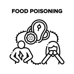 Food Poisoning Vector Icon Concept. Woman Nausea And Holding Hands On Mouth, Man Having Bad Aches Pain In Stomach, Eaten Spoiled Rotten Meat And Have Food Poisoning Black Illustration
