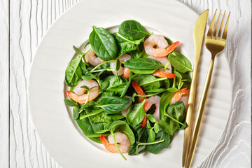 Salad of microgreen with avocado, shrimps, spinach