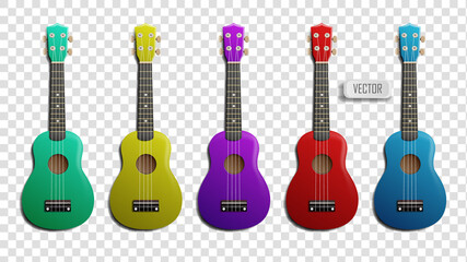 Set of multicolored ukulele realistic vector illustration. Acoustic Classical Ukulele Four Strings