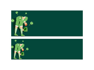 Illustration Of Cartoon Leprechaun Man With Clover Leaves And Space For Text On Green Background. Header Or Banner Design.