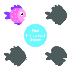 Isolated cute sea fish. Set of freshwater aquarium cartoon fish for printing, children development, find the correct shadow. Varieties of decorative colored fish