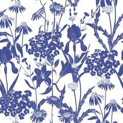 Blue flowers are realistic on a white background. Seamless vector pattern for creative paper and fabric.
