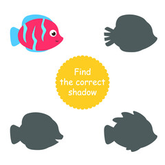 Isolated cute sea fish. Set of freshwater aquarium cartoon fish for printing, children development, find the correct shadow. Varieties of decorative colored fish