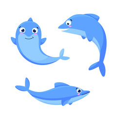 Set of cute, marine, cartoon animals. Underwater animals. Whale, shark, dolphin. Undersea world. Cartoon vector illustration isolated on white. Flat style.
Printing, fabric. textiles, development
