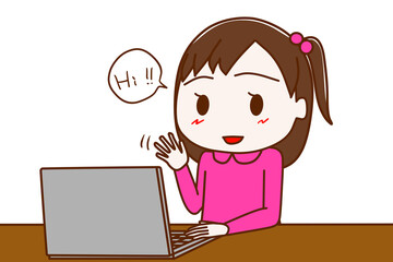 パソコンでオンラインで繋がり挨拶する少女