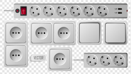 Socket, switch and extension vector outlet for electric plugs and electricity illustration. Set of different types of power isolated sockets and switchers
