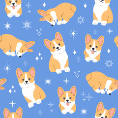 Kawaii corgi, little cute pet dog with smiling cute face sleeping, lying and sitting. Seamless pattern on blue background with magic stars. Hand drawn trendy modern illustration in flat cartoon style