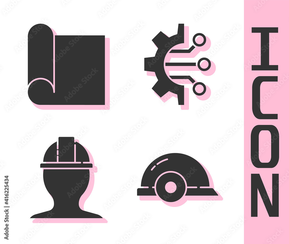 Poster set worker safety helmet, graphing paper for engineering, worker safety helmet and algorithm icon. v