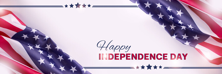 Naklejka premium Happy Independence Day Banner with American Flag on the grey background and greeting text.