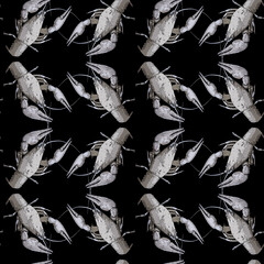 Seamless pattern with crayfish on black background. Endless crawfish texture. Raster illustration.