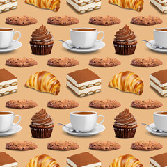 Seamless pattern with a cup of coffee and various sweet desserts. Vector pattern. Printing for textiles, fabrics, wallpapers, scrapbooking