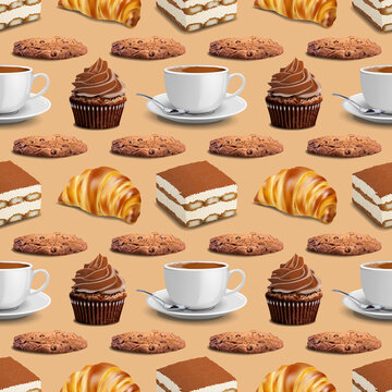 Seamless pattern with a cup of coffee and various sweet desserts. Vector pattern. Printing for textiles, fabrics, wallpapers, scrapbooking
