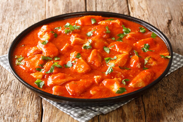 Chicken fillet stewed in tomato garlic sauce close-up in a pan on the table. horizontal