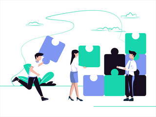 Team metaphor. Teamwork connects puzzle elements. Flat design style vector illustration. cooperation, partnership vector.