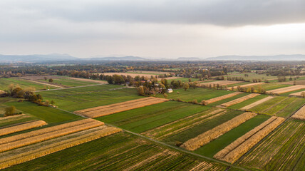 Fototapeta na wymiar Aerial view of empty autumn fields at sunset.