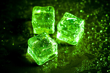 Green ice cubes reflection on black table background.