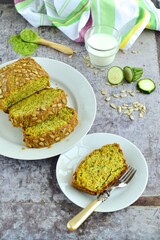 Wheatgrass zucchini bread with sunflower seeds. Served with milk