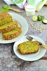 Wheatgrass zucchini bread with sunflower seeds. Served with milk