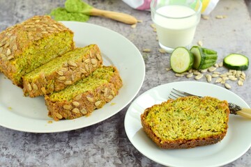 Wheatgrass zucchini bread with sunflower seeds. Served with milk