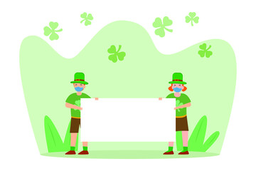 St patrick's day vector concept: Two little children showing copy space on blank paper 