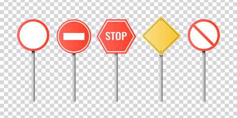 Set of realistic road signs. Isolated on transparent background. Vector illustration.