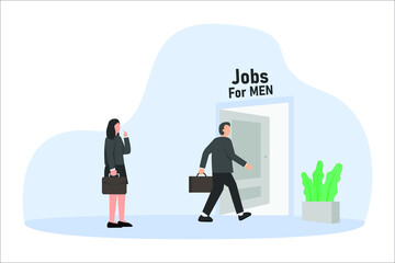 Job vacancy vector concept: Young man entering interview room while young woman standing outside