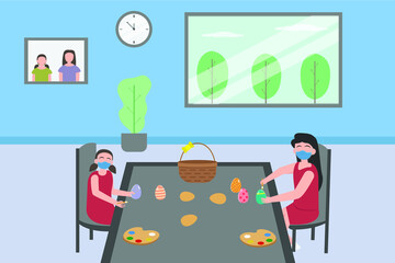 Easter day vector concept: Young mother and her daughter coloring easter eggs together while wearing face mask
