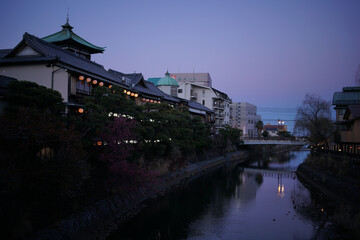 a traditional Japanese building at Izu, Japan at twilight