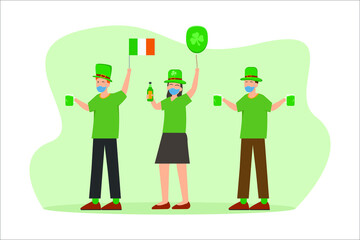 St patrick's day vector concept: Group of teenagers celebrating st patrick's day together while wearing face mask in new normal 