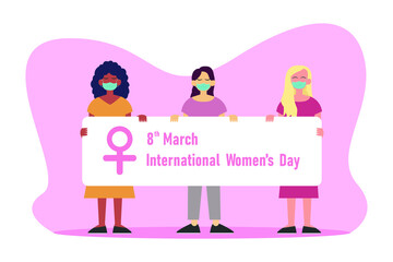 Fototapeta premium Women's day vector concept: Group of women holding banner with 8th march international women's day text