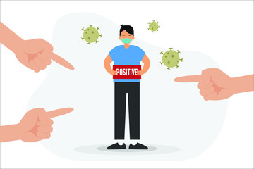 Bullying vector concept: Young man wearing face mask and infected corona virus while people blaming him
