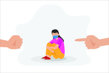 Bullying vector concept: People blaming young woman infected corona virus while sitting with face mask