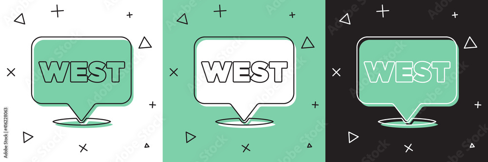 Poster set pointer to wild west icon isolated on white and green, black background. western signboard, mess