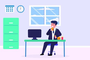 Businessman working at office while eating burger. Unhealthy foods vector concept