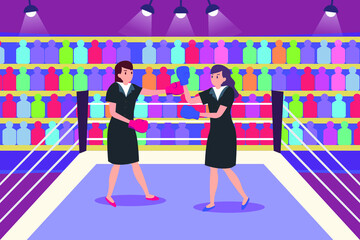 Businesswoman are fighting on the boxing ring. Business competition vector concept