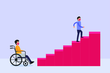 Disability vector concept: Disable man can not climb the stairs with his wheelchair while wearing face mask in new normal