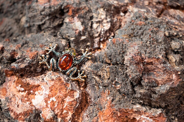 A brooch in the form of a frog made of bronze and amber
