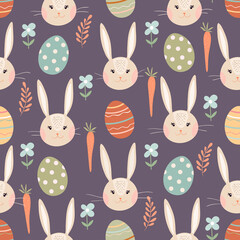 Easter seamless pattern with bunny, eggs and carrots, seasonal spring time design