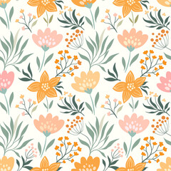 Spring, summer seamless pattern with different flowers and plants