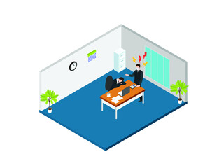 Mad businessman in face mask looking at male worker sleeping on desk in the office. Business isometric vector concept