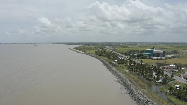 Aerial view of seawall in Guyana, Georgetown, South America