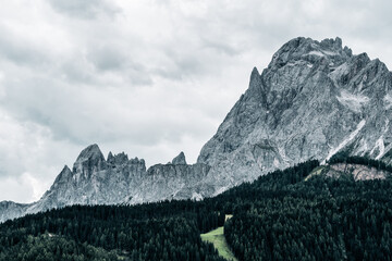 panoramic view of the forests and mountains of the Dolomites, Italy.