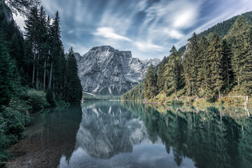 Mountain lake in the Dolomites, South Tyrol in Italy..The Pragser Wildsee, or Lake Prags, Lake...