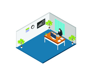 Businessman wearing face mask and working in the office while typing on the keyboard with notebook and paperwork on desk. Business isometric vector concept